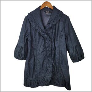 Vintage Y2K Talie Coat Size XL Denim Jacket Black Art Ruffle Trim Trench Sparkle